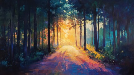 Vibrant sunlit forest path with lush greenery and colorful light reflections