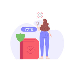 Online Voting and Election Campaign. Woman Voting with Vote Box and Calling for Vote. Concept of Election Day, Making Choice, Balloting Paper, Democracy. Vector illustration for UI, mobile app