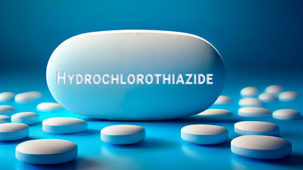 Hydrochlorothiazide pill with the name printed on it, blue background	