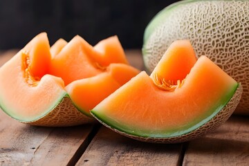Juicy Slices of Ripe Cantaloupe Melon on Rustic Wooden Table