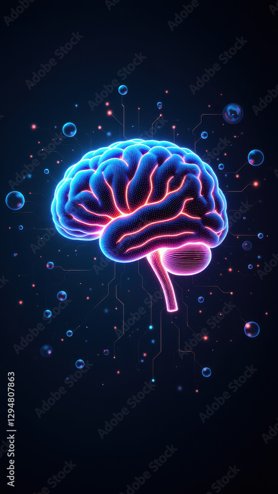 Poster futuristic ai brain illustration with circuit patterns and glowing elements.