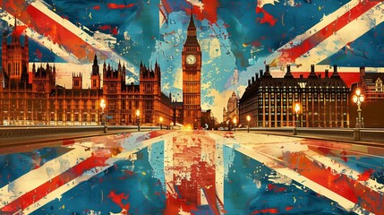 View of London on the Grunge British Flag