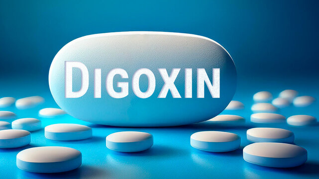 Digoxin pill with the name printed on it, blue background	