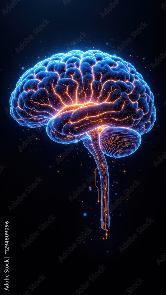 Poster an artistic representation of artificial general intelligence with a glowing brain against a starry 