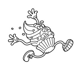 Living dessert: animated cupcake on the run. Line dark. Cartoon sticker in comic style with contour. Modern flat style vector illustration clipart