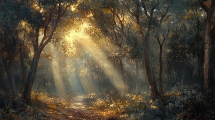 Sunlight filtering through enchanted forest trees at dawn