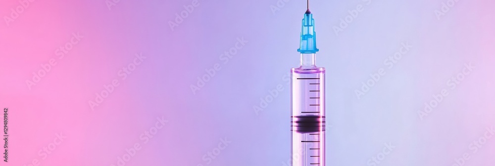 Aufkleber minimalist composition featuring a syringe filled with clear solution on a vibrant pastel background