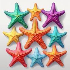 Colorful starfish in different poses marine life art 