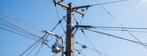 Telephone pole with multiple cables and connectors against a clear blue sky
