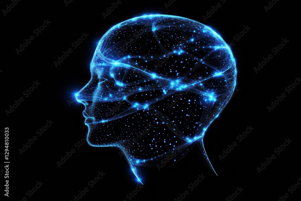 Fototapete Silhouette of a human head filled with glowing AI nodes and fractal patterns in a cosmic cyberpunk setting. Generative AI