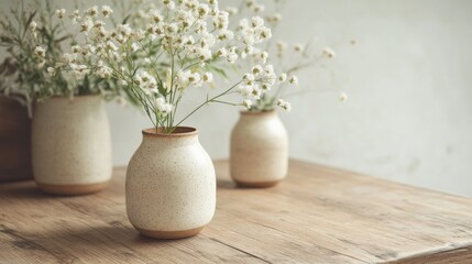 White flowers in a white vase on a wooden table.