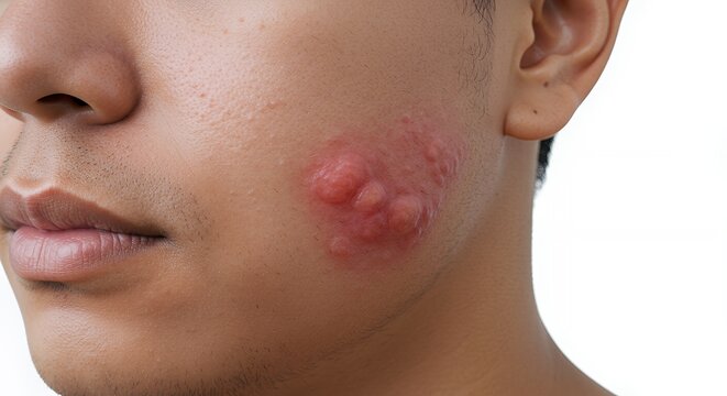 Close-up of Erysipelas on a Person's Cheek: Red, Swollen Skin with Raised Lesions, Clinical Medical Image