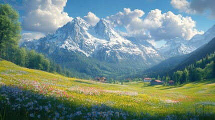 Obraz premium Scenic alpine landscape with snowy mountains and flowering meadow under blue sky