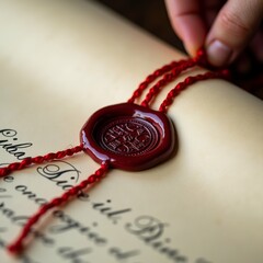 hand holding red wax seal red string attached wax seal has circular design center coat arms middle background blurred appears close piece paper text