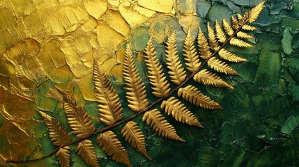 Golden fern leaf on textured green and gold artistic background
