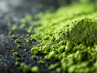 Fine green grains of matcha powder captured in ultra macro detail showcasing texture and color