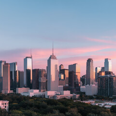 Fototapeta premium Stunning city skyline at sunset with illuminated skyscrapers urban cityscape modern architecture golden hour twilight