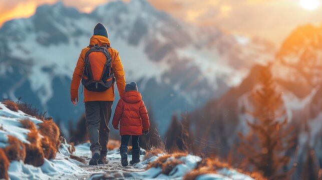 Father and son standing on cliff