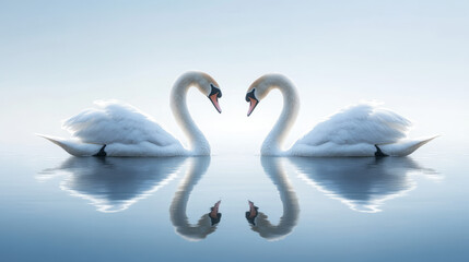 Romantic white swans forming a heart shape on a calm lake at sunrise, symbolizing love, unity, and tranquility, with soft mist and gentle water reflections in a peaceful nature setting.

