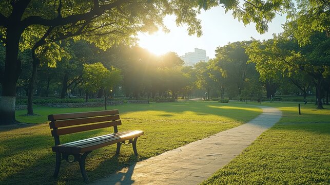 Serene park scene with sunlit pathway and wooden bench in lush greenery