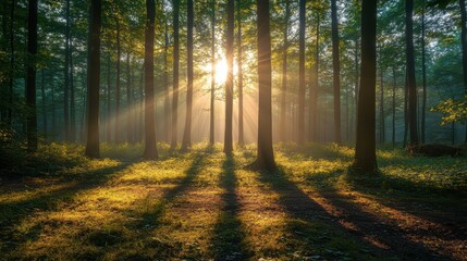 Obraz premium Enchanting sunbeams through lush forest trees at sunrise