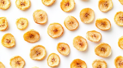 Crispy dried banana chips, isolated on a white background with a full depth of field. Top-down flat lay arrangement. 