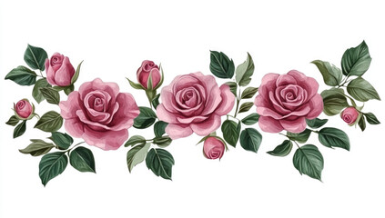 Fototapeta premium A decorative arrangement of pink roses and green leaves on a white background.