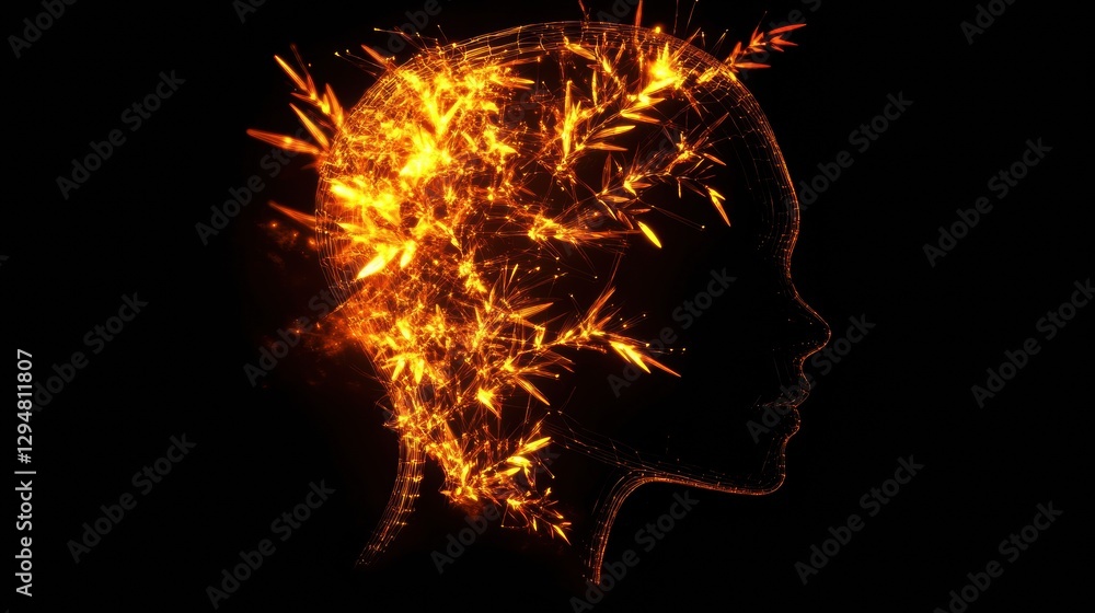 Poster human head silhouette filled with glowing ai nodes and fractal patterns in a cosmic cyberpunk backdr