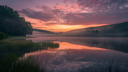 Obraz premium Serene Sunrise Over a Tranquil Lake with Misty Reflections and Lush Green Surroundings