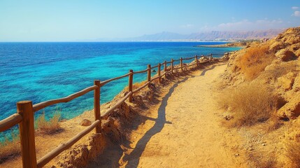 Fototapeta premium Scenic coastal pathway overlooking clear blue waters and rugged cliffs
