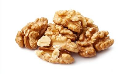 Walnuts paired with a fresh green leaf, isolated on a white background. Macro shot, top-down view.