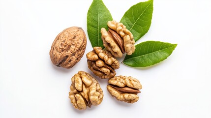 Walnuts paired with a fresh green leaf, isolated on a white background. Macro shot, top-down view.