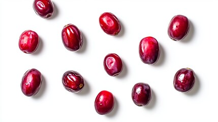 Whole dates isolated against a white background with a clipping path. Captured from a top-down, flat lay perspective. 