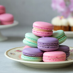 Obraz premium French macarons pastel colors sweet dessert gourmet bakery delicate treats elegant confections afternoon tea
