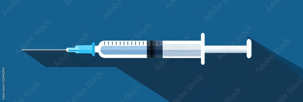 Poster syringe with blue and white design placed on a flat background with soft shadow for healthcare and m
