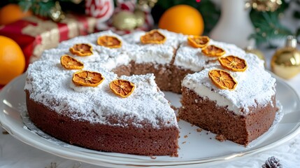 Delicious Chocolate Christmas Cake with Orange Slices and Powdered Sugar
