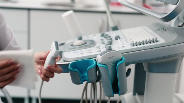 Close-up of ultrasound equipment with a probe in a modern diagnostic center. The concept of precision and advanced technology in professional medicine.