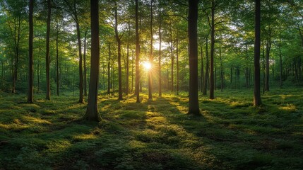 Sunlight filtering through lush green forest trees in serene woodland setting