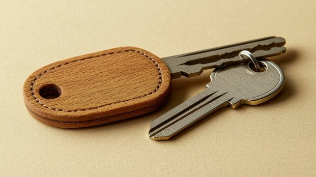 Wooden key fob with keys on beige background