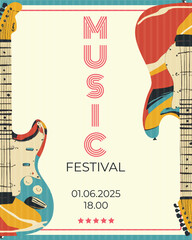 Vector banner or poster retro style for music festival with guitar on beige background, multicolored guitars, 70s style