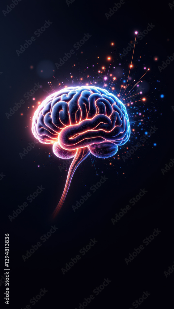 Poster an artistic digital illustration of a human brain with exploding fireworks at its center, symbolizin