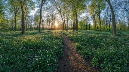 Tranquil forest path at sunrise with blooming flowers and tall trees