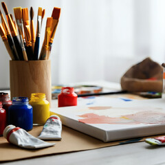 Artistic painting tools with brushes paint tubes and color palette on wooden table creative workspace