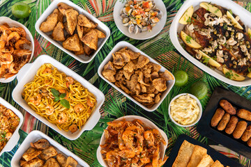 Seafood buffet with many choices of dishes in vibrant colors