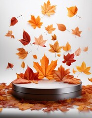 Podium covered with autumn leaves falling in mid-air seasonal display fall decor 