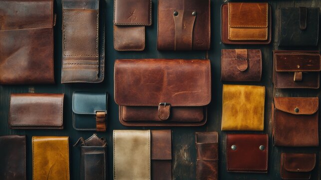 A collection of leather wallets and pouches in various shades of brown, arranged on a dark wooden surface.