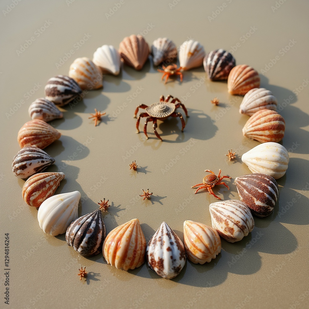 Poster circular arrangement seashells arranged symmetrical pattern beige background shells different sizes 