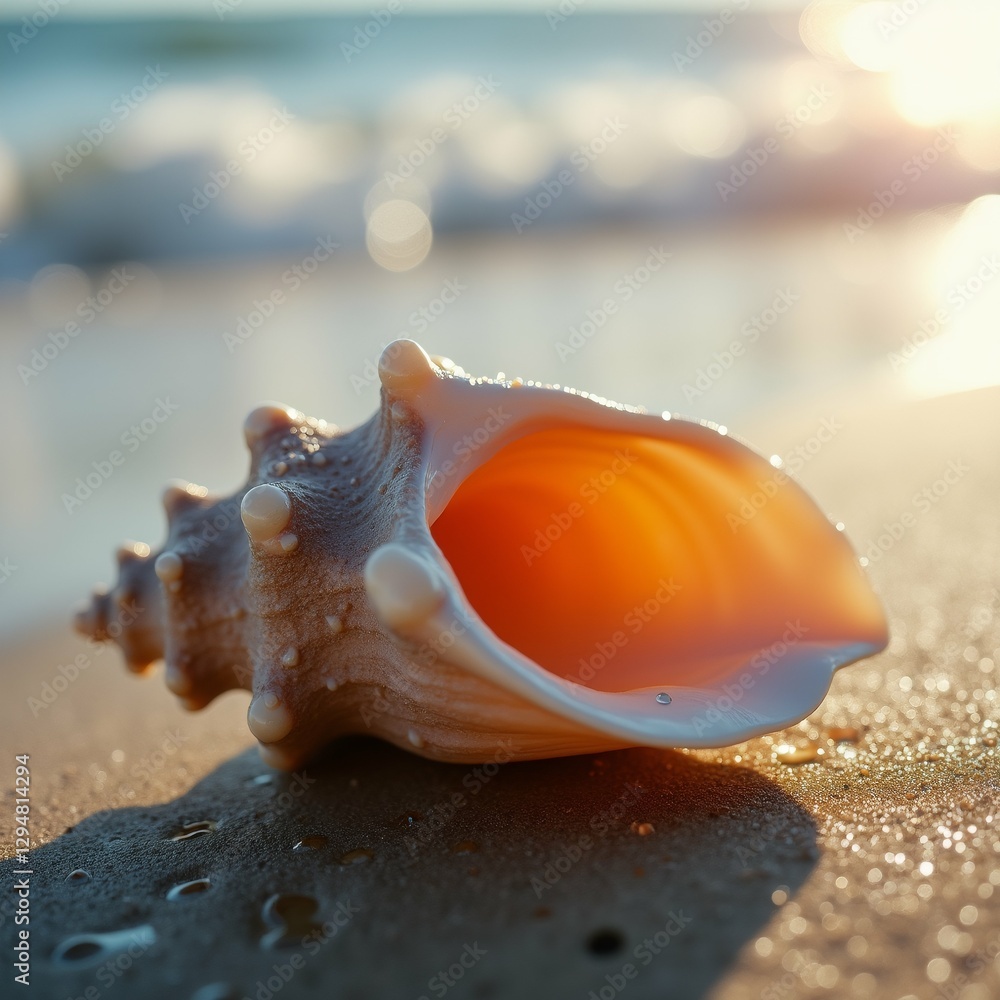 Poster close conch shell sandy beach shell orange white color has curved shape pointed end resting sand sma