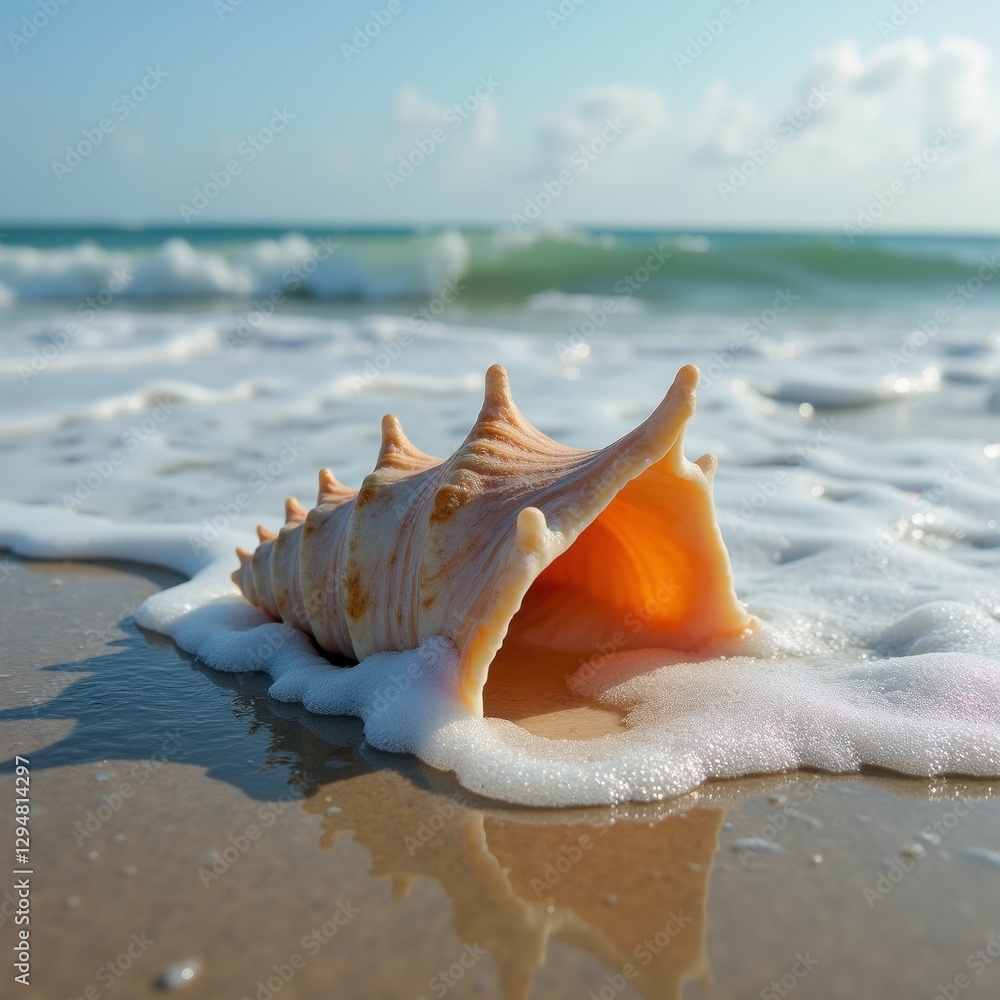 Poster close conch shell sandy beach shell orange white color has curved shape pointed tip resting sand sur