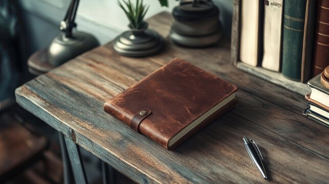 A brown leather journal with a leather cover and metal clasp sits on a wooden table.
